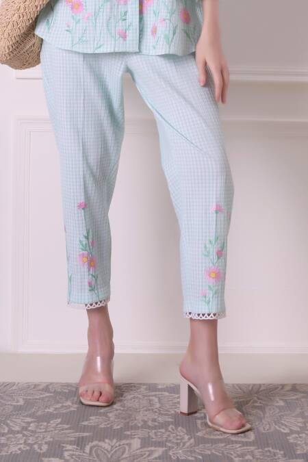 Shop Surabhi Arya Green Cotton Applique, Embroidery Collared Checkered Floral Work Dress Online at Aza Fashions Shop_Surabhi Arya_Green Cotton Applique, Embroidery Collared Checkered Floral Work Dress _Online_at_Aza_Fashions