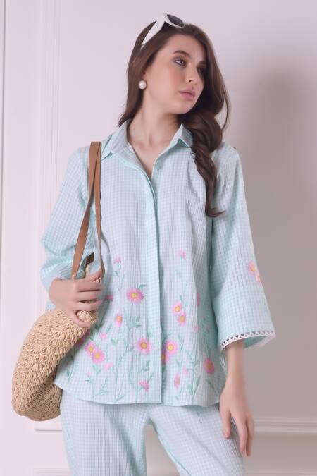 Surabhi Arya Green Cotton Applique, Embroidery Collared Checkered Floral Work Dress at Aza Fashions Surabhi Arya_Green Cotton Applique, Embroidery Collared Checkered Floral Work Dress _at_Aza_Fashions