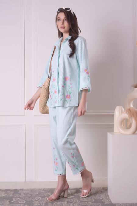 Buy_Surabhi Arya_Green Cotton Applique, Embroidery Collared Checkered Floral Work Dress 