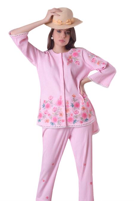 Buy_Surabhi Arya_Pink Cotton Embroidery Round Neck Checkered Floral Patchwork Shirt And Pant Set _Online_at_Aza_Fashions