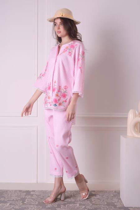 Shop_Surabhi Arya_Pink Cotton Embroidery Round Neck Checkered Floral Patchwork Shirt And Pant Set _Online_at_Aza_Fashions