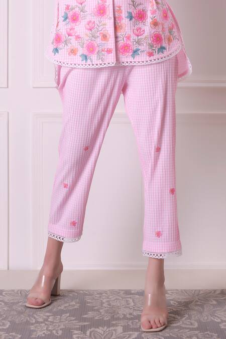 Shop_Surabhi Arya_Pink Cotton Embroidery Round Neck Checkered Floral Patchwork Shirt And Pant Set 