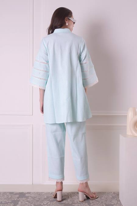 Shop_Surabhi Arya_Green Cotton Embroidery Collared Checkered Floral Work Shirt And Pant Set _at_Aza_Fashions