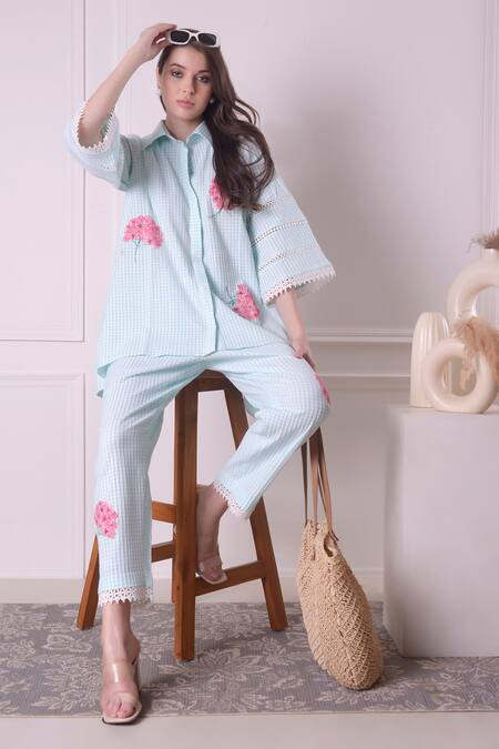 Surabhi Arya_Green Cotton Embroidery Collared Checkered Floral Work Shirt And Pant Set _Online_at_Aza_Fashions