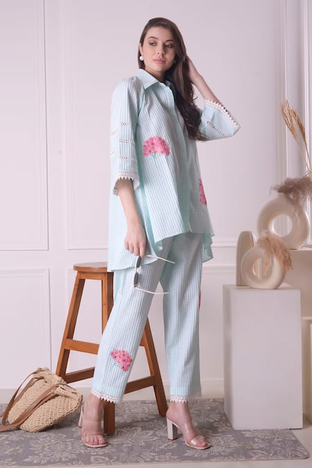 Buy_Surabhi Arya_Green Cotton Embroidery Collared Checkered Floral Work Shirt And Pant Set _Online_at_Aza_Fashions