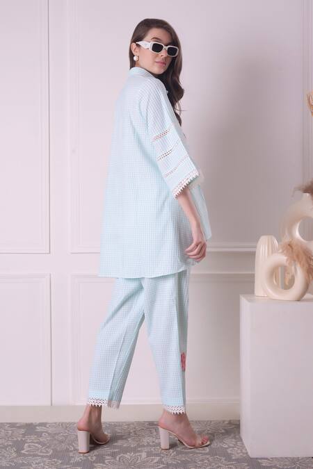 Shop_Surabhi Arya_Green Cotton Embroidery Collared Checkered Floral Work Shirt And Pant Set _Online_at_Aza_Fashions