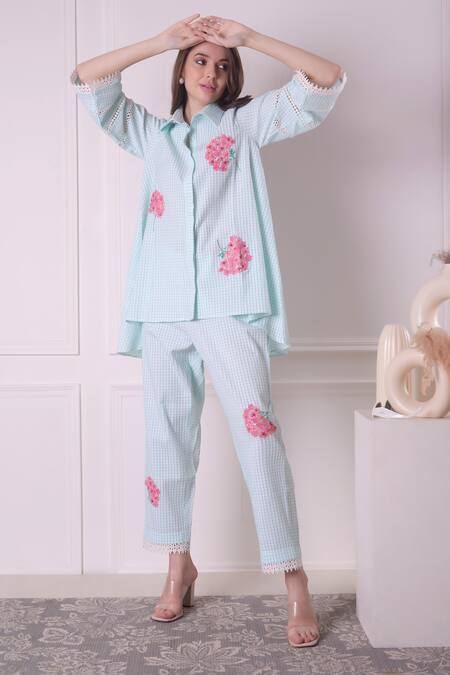 Surabhi Arya_Green Cotton Embroidery Collared Checkered Floral Work Shirt And Pant Set _at_Aza_Fashions