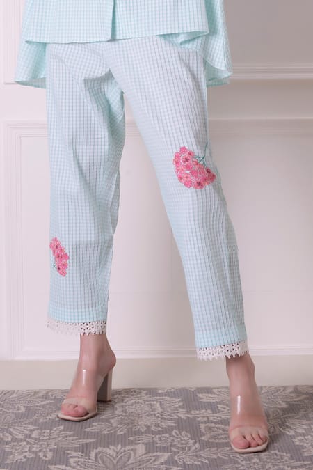 Buy Surabhi Arya Green Cotton Embroidery Collared Checkered Floral Work Shirt And Pant Set Buy_Surabhi Arya_Green Cotton Embroidery Collared Checkered Floral Work Shirt And Pant Set