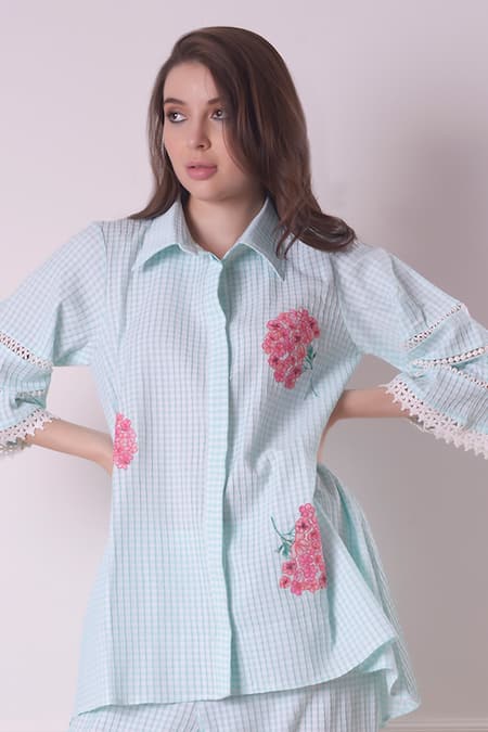 Shop Surabhi Arya Green Cotton Embroidery Collared Checkered Floral Work Shirt And Pant Set Shop_Surabhi Arya_Green Cotton Embroidery Collared Checkered Floral Work Shirt And Pant Set