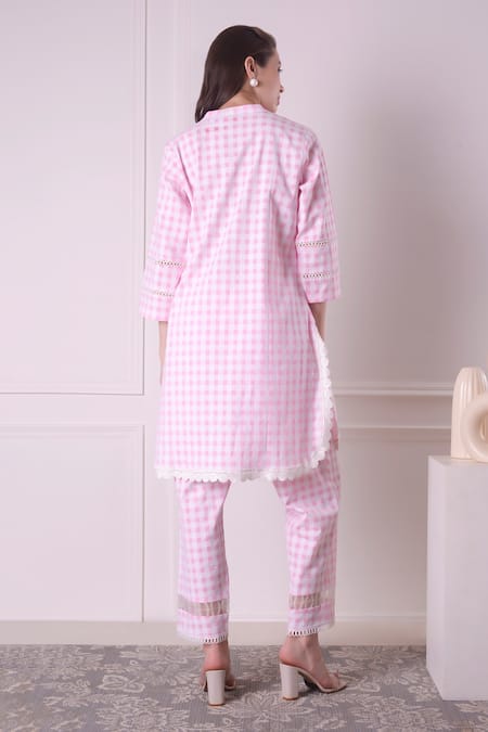 Shop_Surabhi Arya_Pink Cotton Embroidery Round Neck Checkered Floral Tunic And Pant Set _at_Aza_Fashions