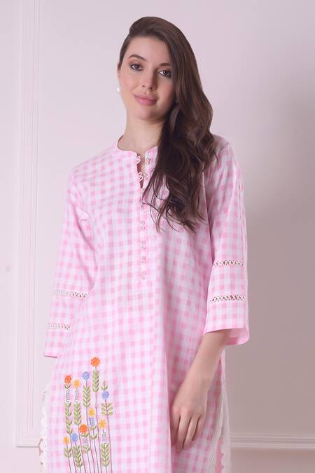 Shop Surabhi Arya Pink Cotton Embroidery Round Neck Checkered Floral Tunic And Pant Set Online at Aza Fashions Shop_Surabhi Arya_Pink Cotton Embroidery Round Neck Checkered Floral Tunic And Pant Set _Online_at_Aza_Fashions