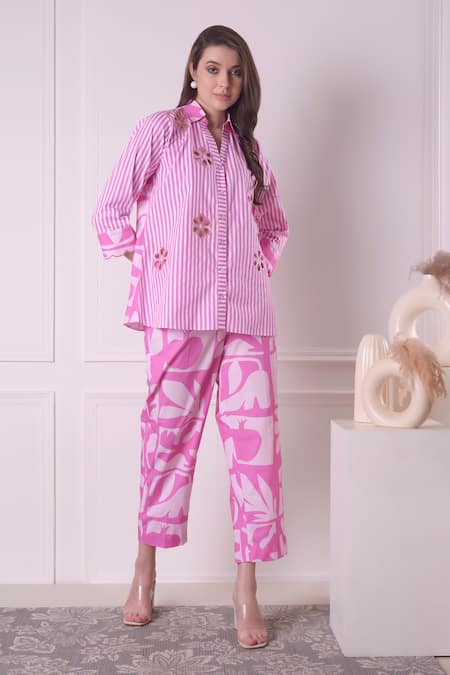 Surabhi Arya_Pink Cotton Cut Work Collared Striped Bloom Shirt With Pant _Online_at_Aza_Fashions