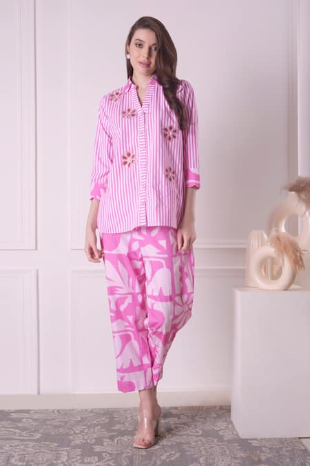 Buy_Surabhi Arya_Pink Cotton Cut Work Collared Striped Bloom Shirt With Pant _Online_at_Aza_Fashions