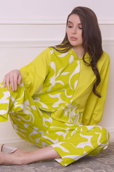 Buy_Surabhi Arya_Green Cotton Embroidery, Lace Blossom Print Embellished Shirt With Pant _Online_at_Aza_Fashions