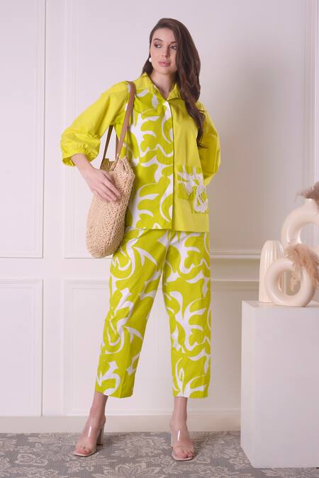 Shop_Surabhi Arya_Green Cotton Embroidery, Lace Blossom Print Embellished Shirt With Pant _Online_at_Aza_Fashions