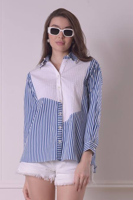 Shop_Surabhi Arya_Blue Cotton Collared Candy Striped Pintucked Yoke Shirt _Online_at_Aza_Fashions