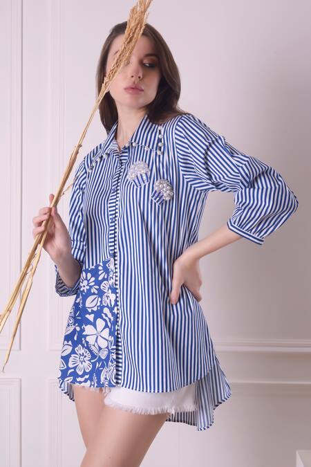Surabhi Arya_Blue Cotton Pearls Striped And Floral Print Popcorn Patch Embroidered Shirt _at_Aza_Fashions