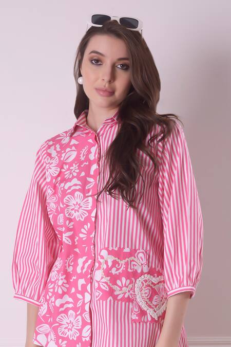 Surabhi Arya_Pink Cotton Lace, Embroidery Collared Striped Flora Bloom Print Shirt _Online_at_Aza_Fashions