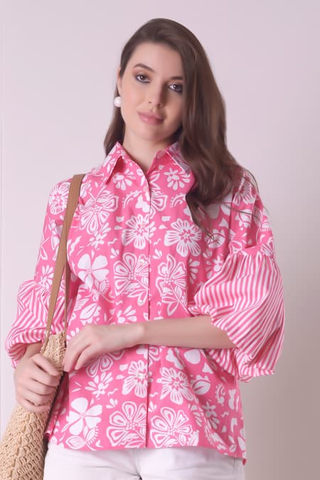 Buy_Surabhi Arya_Pink Cotton Embroidery Collared Striped And Fleur Print Shirt 
