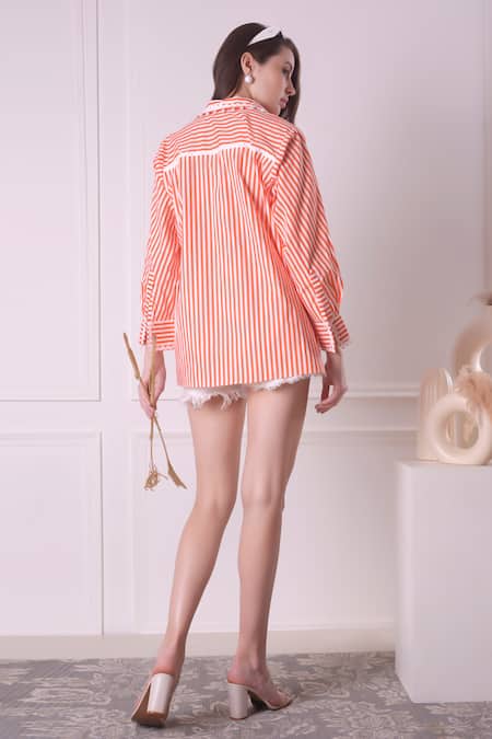 Shop_Surabhi Arya_Orange Cotton Lace Collared Striped Print Embellished Shirt _at_Aza_Fashions