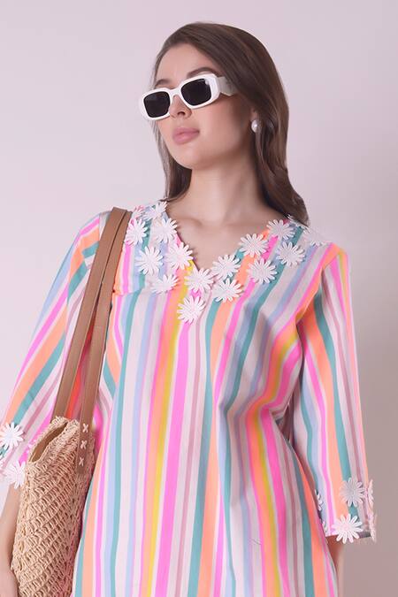Surabhi Arya Multi Color Cotton Lace V-neck Floral Embellished Striped Top at Aza Fashions Surabhi Arya_Multi Color Cotton Lace V-neck Floral Embellished Striped Top _at_Aza_Fashions