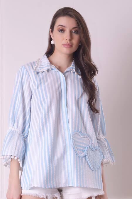 Surabhi Arya Blue Cotton Embroidery Collared Placement Heart Patch Work Shirt Online at Aza Fashions Surabhi Arya_Blue Cotton Embroidery Collared Placement Heart Patch Work Shirt _Online_at_Aza_Fashions