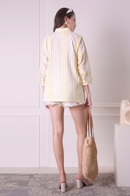 Shop_Surabhi Arya_Yellow Cotton Embroidery Collared Floral Bloom Cutwork Shirt _at_Aza_Fashions