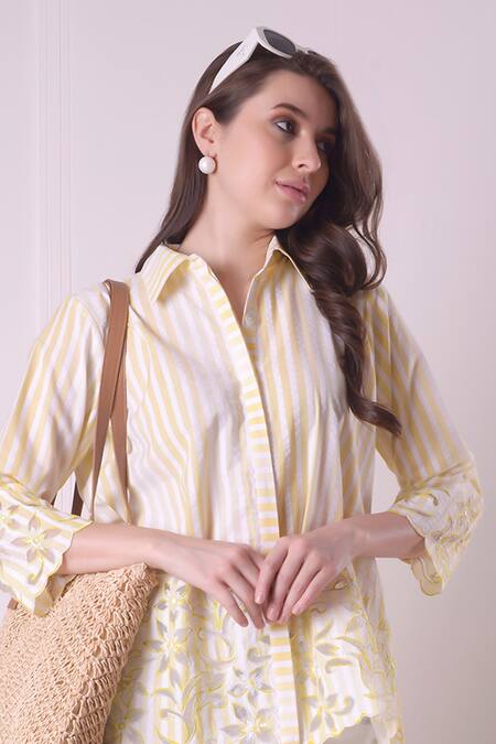 Shop_Surabhi Arya_Yellow Cotton Embroidery Collared Floral Bloom Cutwork Shirt _Online_at_Aza_Fashions