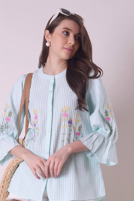 Shop Surabhi Arya Green Cotton Embroidery Bandeau Neck Flower Shirt Online at Aza Fashions Shop_Surabhi Arya_Green Cotton Embroidery Bandeau Neck Flower Shirt _Online_at_Aza_Fashions