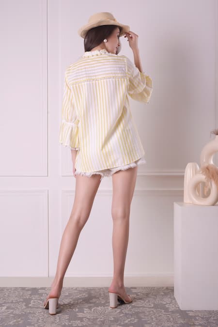 Shop_Surabhi Arya_Yellow Cotton Embroidery Collared Placement Dual Heart Patch Work Shirt _at_Aza_Fashions