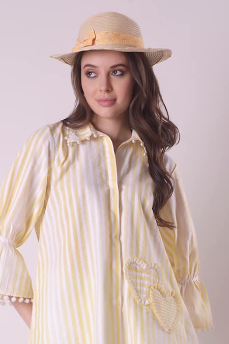 Shop_Surabhi Arya_Yellow Cotton Embroidery Collared Placement Dual Heart Patch Work Shirt _Online_at_Aza_Fashions