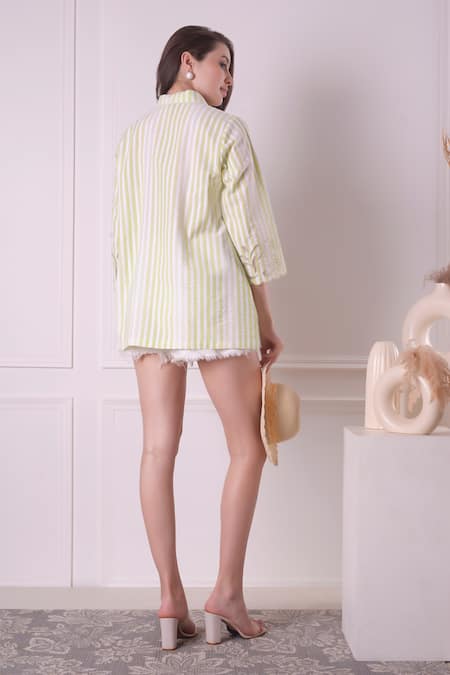 Shop_Surabhi Arya_Green Cotton Embroidery Collared Floral Cutwork Shirt _at_Aza_Fashions