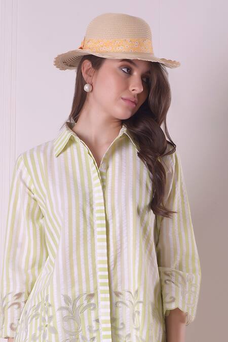 Buy_Surabhi Arya_Green Cotton Embroidery Collared Floral Cutwork Shirt _Online_at_Aza_Fashions