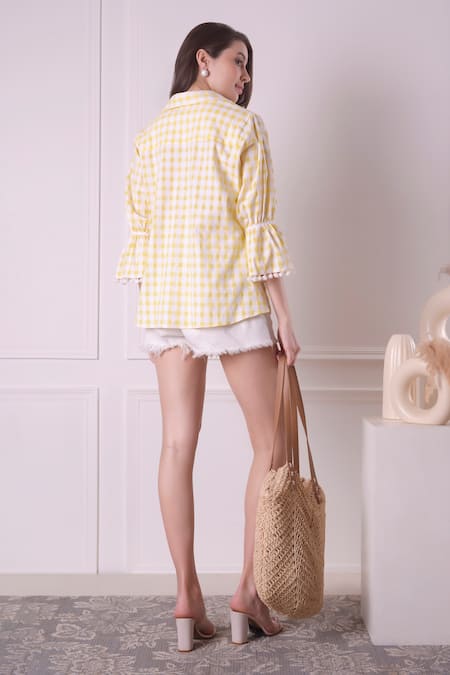 Shop_Surabhi Arya_Yellow Cotton Lace Collared Chequered Print Shirt _at_Aza_Fashions