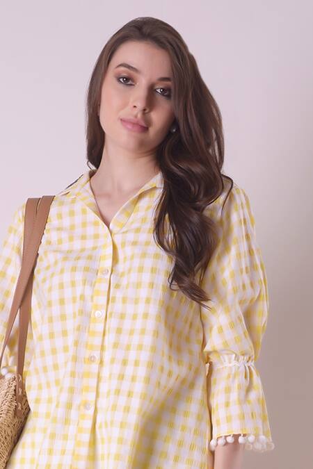 Shop_Surabhi Arya_Yellow Cotton Lace Collared Chequered Print Shirt _Online_at_Aza_Fashions