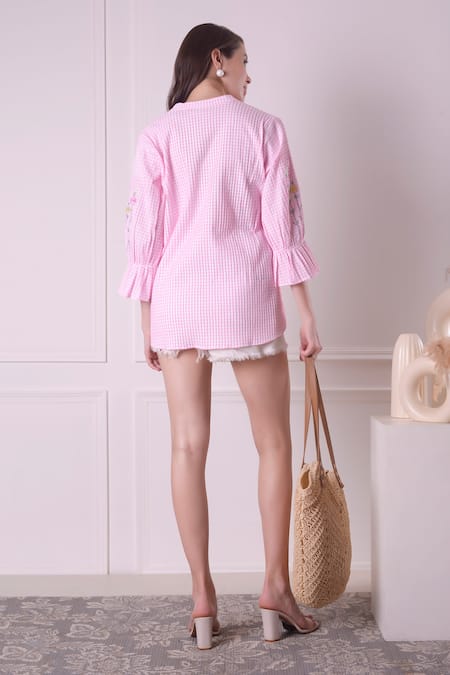 Shop_Surabhi Arya_Pink Cotton Embroidery Collared Flower Bloom Shirt _at_Aza_Fashions