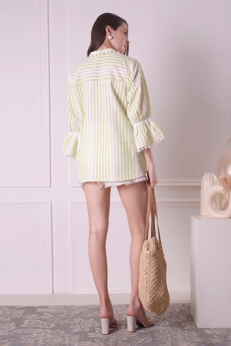 Shop_Surabhi Arya_Green Cotton Pearls Collared Stripe Pattern And Heart Patch Shirt _at_Aza_Fashions