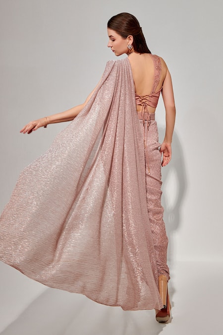 Shop One Knot One By Ashna Pink Crepe, Jersey Beads, Abstract Embroidered Blouse And Pre-draped Saree at Aza Fashions Shop_One Knot One By Ashna_Pink Crepe, Jersey Beads, Abstract Embroidered Blouse And Pre-draped Saree _at_Aza_Fashions