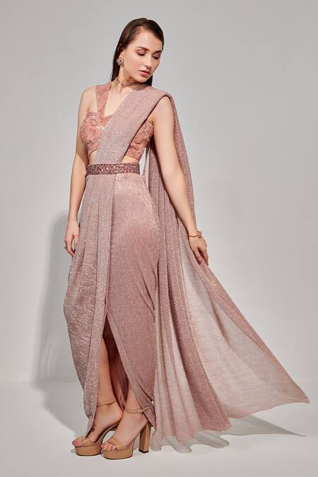 One Knot One By Ashna Pink Crepe, Jersey Beads, Abstract Embroidered Blouse And Pre-draped Saree Online at Aza Fashions One Knot One By Ashna_Pink Crepe, Jersey Beads, Abstract Embroidered Blouse And Pre-draped Saree _Online_at_Aza_Fashions