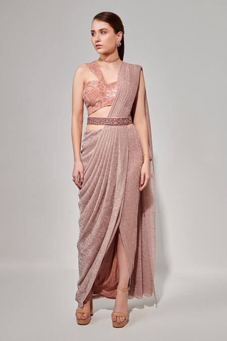 Buy One Knot One By Ashna Pink Crepe, Jersey Beads, Abstract Embroidered Blouse And Pre-draped Saree Online at Aza Fashions Buy_One Knot One By Ashna_Pink Crepe, Jersey Beads, Abstract Embroidered Blouse And Pre-draped Saree _Online_at_Aza_Fashions