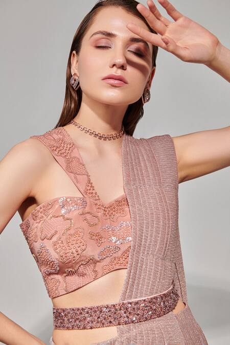 Shop One Knot One By Ashna Pink Crepe, Jersey Beads, Abstract Embroidered Blouse And Pre-draped Saree Online at Aza Fashions Shop_One Knot One By Ashna_Pink Crepe, Jersey Beads, Abstract Embroidered Blouse And Pre-draped Saree _Online_at_Aza_Fashions