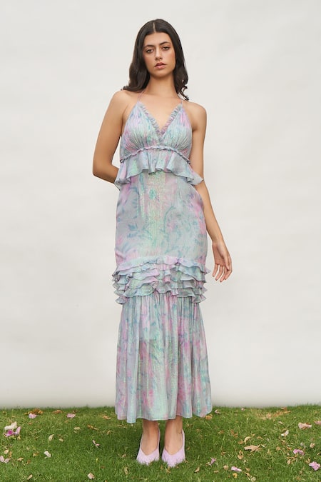 AMRTA by GUNEET KONDAL Purple Viscose 90% Ruffle Plunge Detailed Maxi Dress 