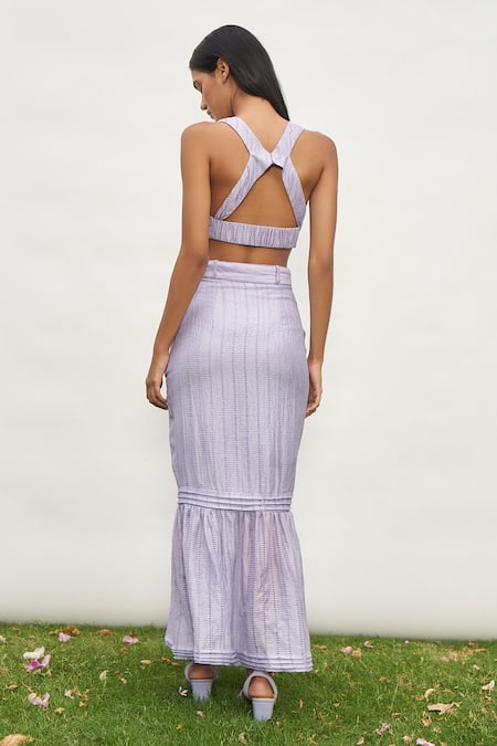 Shop Amrta By Guneet Kondal Purple Tencel Sweetheart Neck Pleat Detailed Crop Top And Skirt Set at Aza Fashions Shop_Amrta By Guneet Kondal_Purple Tencel Sweetheart Neck Pleat Detailed Crop Top And Skirt Set _at_Aza_Fashions