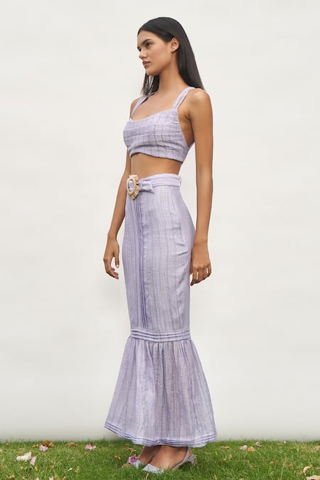 Amrta By Guneet Kondal Purple Tencel Sweetheart Neck Pleat Detailed Crop Top And Skirt Set Online at Aza Fashions Amrta By Guneet Kondal_Purple Tencel Sweetheart Neck Pleat Detailed Crop Top And Skirt Set _Online_at_Aza_Fashions