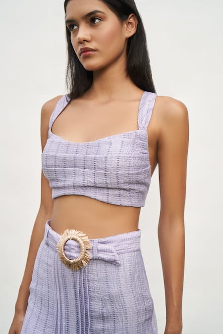 Buy Amrta By Guneet Kondal Purple Tencel Sweetheart Neck Pleat Detailed Crop Top And Skirt Set Online at Aza Fashions Buy_Amrta By Guneet Kondal_Purple Tencel Sweetheart Neck Pleat Detailed Crop Top And Skirt Set _Online_at_Aza_Fashions