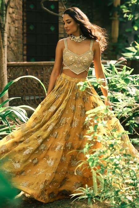 Bhumika Sharma Yellow Organza Embroidered Sequins V-neck Lisa Sylvia Flower Print Lehenga Set 