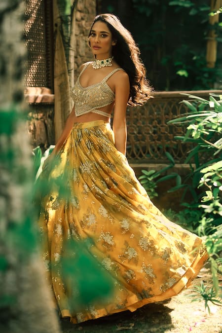 Shop_Bhumika Sharma_Yellow Organza, Net Beads, Sequins, Lisa Sylvia Flower Print Lehenga Set _at_Aza_Fashions