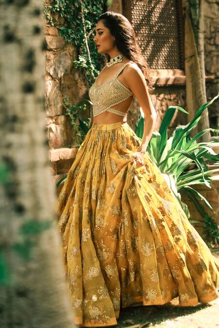 Shop_Bhumika Sharma_Yellow Organza, Net Beads, Sequins, Lisa Sylvia Flower Print Lehenga Set 