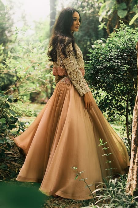 Bhumika Sharma Beige Organza, Net, Georgette Beads, Sequins Sandy Lisa Lehenga Set With Jacket Online at Aza Fashions Bhumika Sharma_Beige Organza, Net, Georgette Beads, Sequins Sandy Lisa Lehenga Set With Jacket _Online_at_Aza_Fashions