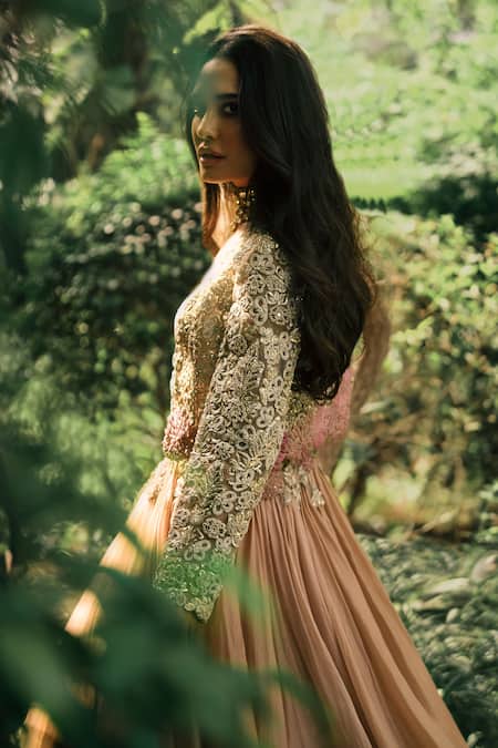 Shop Bhumika Sharma Beige Organza, Net, Georgette Beads, Sequins Sandy Lisa Lehenga Set With Jacket Online at Aza Fashions Shop_Bhumika Sharma_Beige Organza, Net, Georgette Beads, Sequins Sandy Lisa Lehenga Set With Jacket _Online_at_Aza_Fashions